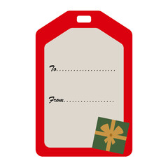 Simple present gift red name tag with christmas green gift box and red bow, to from lines