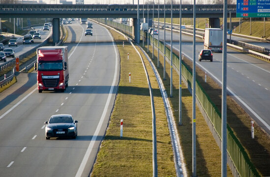 Poznan, Poland - April 9th 2022 - Polish A2 motorway with cars and trucks.