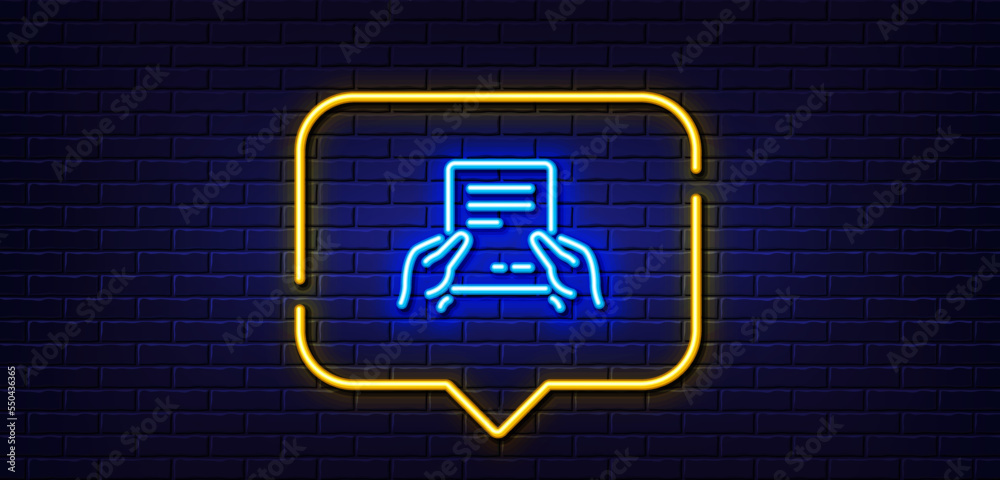 Wall mural neon light speech bubble. hold document line icon. agreement text file sign. contract with signature - Wall murals