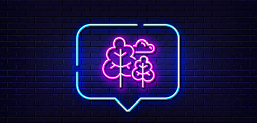 Neon light speech bubble. Tree line icon. Forest plants sign. Nature symbol. Neon light background. Tree glow line. Brick wall banner. Vector