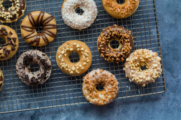 Several freshly made delicious donuts with various toppings, on a cooling rack.