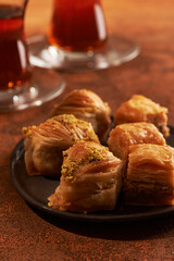 traditional turkish dessert baklava and tea