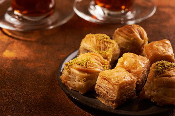 traditional turkish dessert baklava and tea