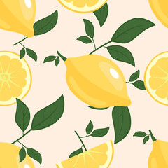 Seamless pattern lemons with leaf. Lemon seamless pattern for print. Modern design for paper, covers, cards, fabrics, interior items and other. Cute Lemon whole and cut pieces Colored background. 