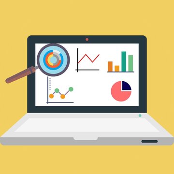 laptop with icons with different types of charts or graphs 
