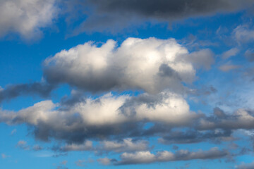 Naklejka na ściany i meble Pattern sky with many white and gray scattered clouds on blue sky background