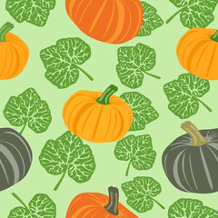 Seamless pattern Pumpkins and leaves. Seamless pattern of pumpkins on a colored flat style. Colorful pumpkins and leaves Vector illustration