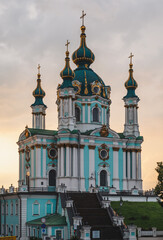 St Andrew's Church in Kyiv, Ukraine with sunset