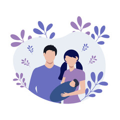 Happy new parents holding baby. Young mom and dad, new born child flat vector illustration. -