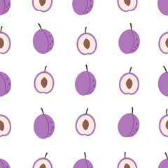 Fresh plum seamless pattern. Summer fruit. Healthy and organic food seamless pattern. Hand drawn vector illustration