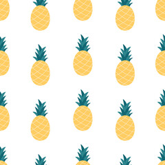 Fresh pineapple seamless pattern. Exotic and tropical fruit seamless pattern. Flat, hand drawn texture for wallpaper, textile, fabric, paper. Hand drawn vector illustration