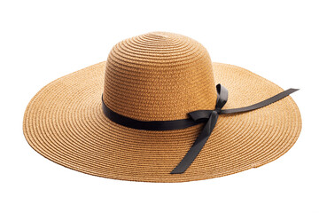 Womens summer yellow straw hat with black ribbon on white background