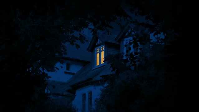 Light On And Off In House At Night Framed By Trees