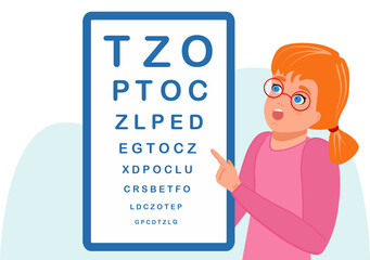 A little girl reads a table of letters. Graphics. Vector. Theme of medicine and health. Making an appointment with an ophthalmologist. Medical banner for web design.