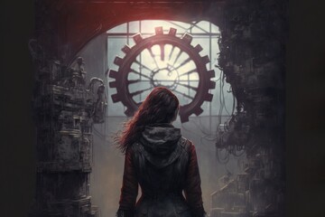 Fototapeta na wymiar Rear view of woman standing in old factory looking at light through gears, digital art