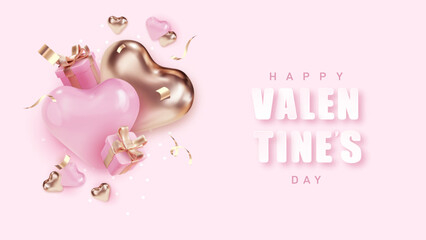 Valentines day greeting banner with realistick heart shapes. Valentines vector banner background