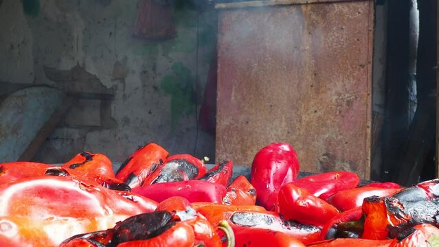 Roasting red peppers for a smoky flavor and quick peeling. Thermal processing of the pepper crop on metal circle. Brazier container used to burn charcoal fuel for cooking or heating. Bulgarian pepper