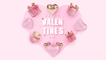Valentines day vector banner background. Realistick Gift boxes with heart on pink background
