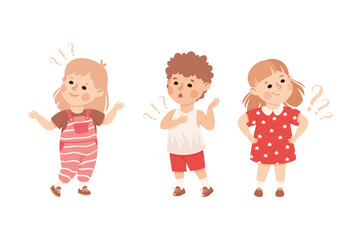 Puzzled Little Boy and Girl with Question Mark Scratching Head Wondering Vector Set