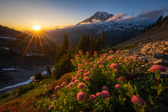 sunset over meadow and mountain 