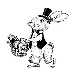 Vintage Easter rabbit in a cylinder hat, with a basket with eggs. Cartoon cute festive bunny, black and white hand drawn vector line art. Coloring book page design.