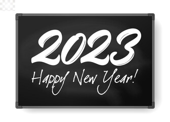 2023 numbers chalk written on chalkboard. Happy New Year event poster, greeting card cover, 2023 calendar design, invitation to celebrate New Year and Christmas. Vector illustration
