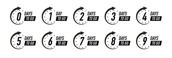 Days to go timer vector symbol black color style isolated on white background. Clock, stopwatch, cooking time label. 10 eps