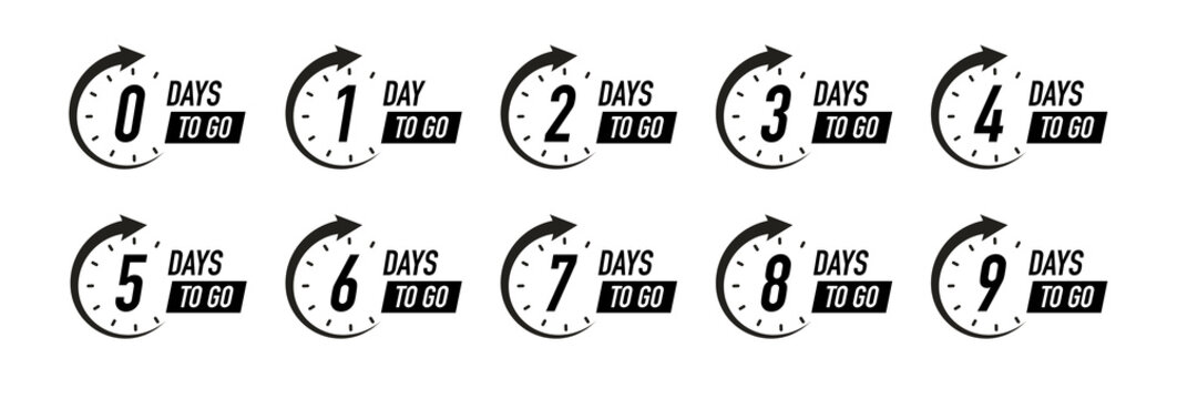 Days to go timer vector symbol black color style isolated on white background. Clock, stopwatch, cooking time label. 10 eps