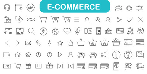 Fototapeta na wymiar E-Commerce line icons. 71 E-commerce, online shopping and delivery icon. Outline icons collection. Lines with editable stroke