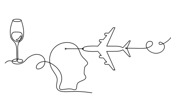Drawing line wine with plane on the white background. Vector
