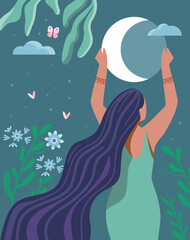 Woman holding a crescent moon. Divination, witchcraft and magic. A witch with flowing hair holds a moon. Stock vector. Moonlight. Astrology. Woman's Day.