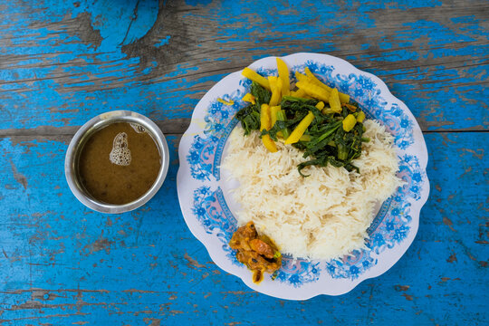 Nepalese-style Dal Bhat With Vegetable Tarkari. Langtang National Park. Nepal.