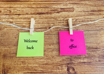 Back to Work Concept. Welcome back to office Message Written on Paper Notes on Wooden Background 