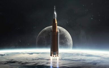 3D illustration of Moon and SLS rocket start. Artemis space program. 5K realistic science fiction art. Elements of image provided by Nasa - 550445553