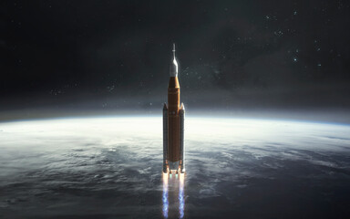 3D illustration of Artemis mission take of from Earth. SLS rocket. People landing Moon surface. Elements of this image furnished by NASA