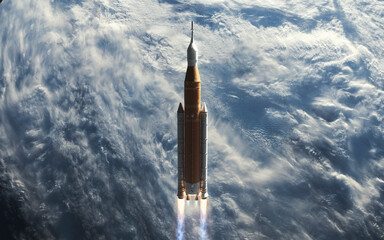 3D illustration of Spaceship launch from Earth. Mission to Moon. SLS space rocket. Orion spacecraft. Artemis space program to research solar system. Elements of this image furnished by NASA © Vadimsadovski