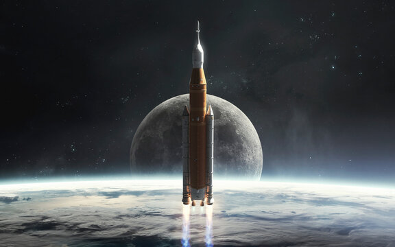 3D illustration of Moon and SLS rocket start. Artemis space program. 5K realistic science fiction art. Elements of image provided by Nasa