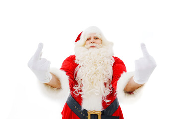sad Santa Claus shows the middle finger on a white background. Christmas.