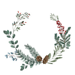 Christmas winter watercolor wreath. Pine cone and holly berries.