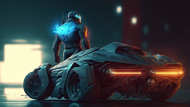 Epic future male character in leather suit with futuristic black car model at night