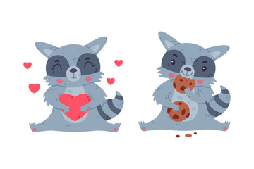 Funny Raccoon Animal Character with Striped Tail Holding Heart and Eating Cookie Vector Set