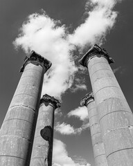 Vertical greyscale shot of four old traditional columns