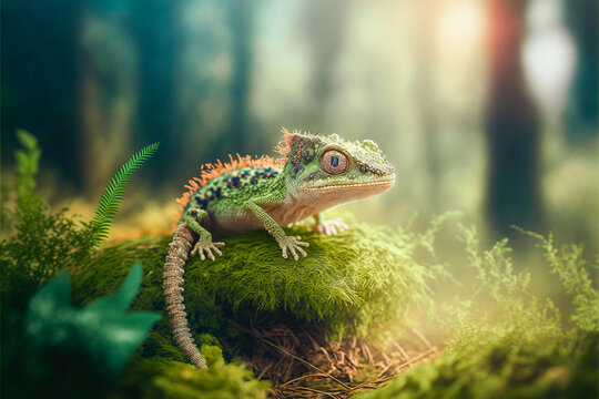 Cute funny tiny gekko in a forest