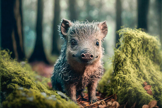Cute funny tiny wild boar in a forest