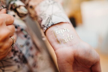 Team bride, hand, tattoo, hen do, hen party