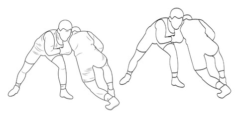Fototapeta na wymiar Silhouette outline athletes wrestlers in wrestling, duel, fight. Sketch line drawing greco roman, freestyle, classical wrestling.