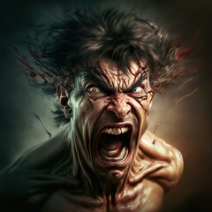 Raging madness, going insane. Digitally generated character portrait of man.