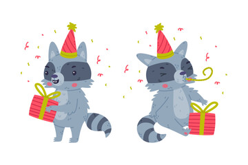Funny Raccoon Animal Character with Striped Tail Celebrating Birthday with Gift Box and Whistle Vector Set