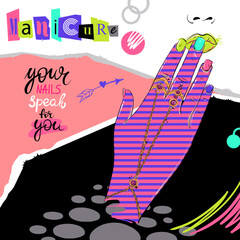 Vector abstract fashion illustration of a female hand with jewelry. Manicure. Beauty saloon
