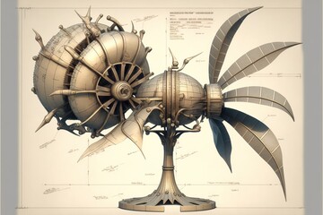 Steampunk mechanical fan design sketch